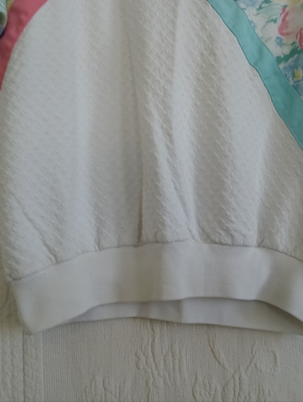 Koret White Floral Panel Colorblock Sweater Vintage Pastel Pink Blue Textured LG - Picture 4 of 12